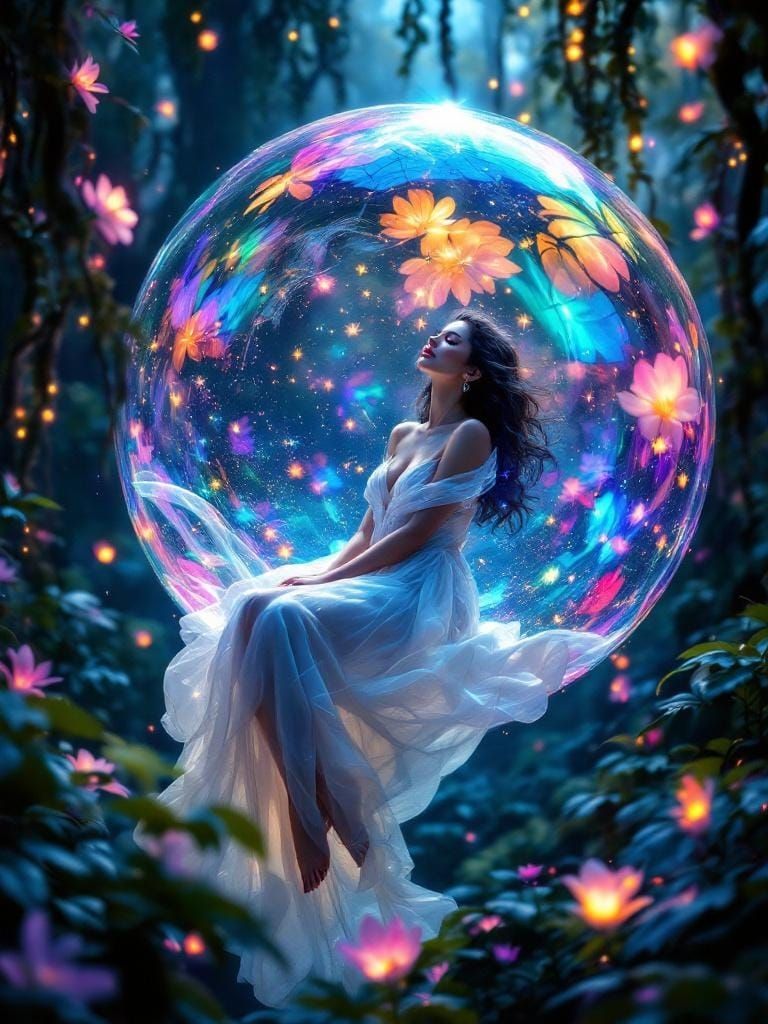 Woman in Iridescent Bubble, Bioluminescent Forest
