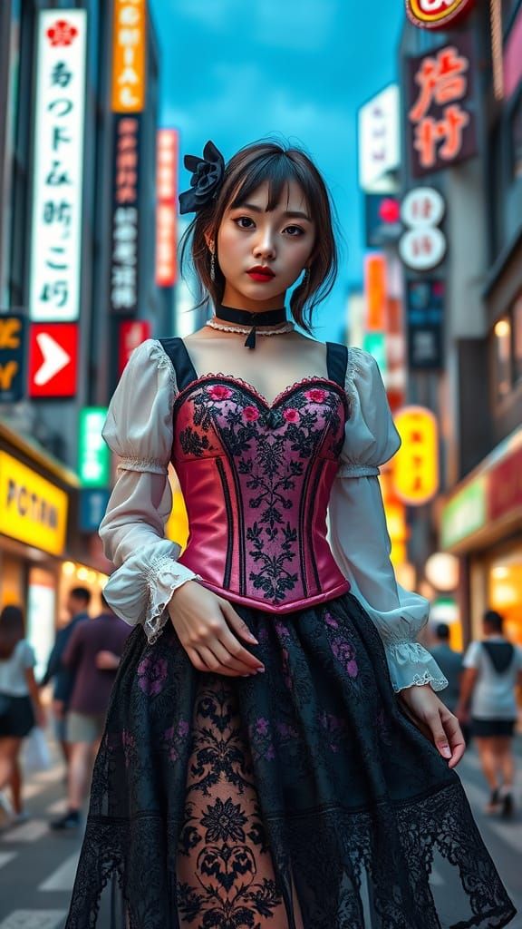Kawaii Jacquard flowered corset bodice gothic lace skirt and blouse perfect feminine youthful Shibuya fashion