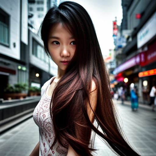 Girl in Seoul Shopping District: Hyperrealistic HDR Image