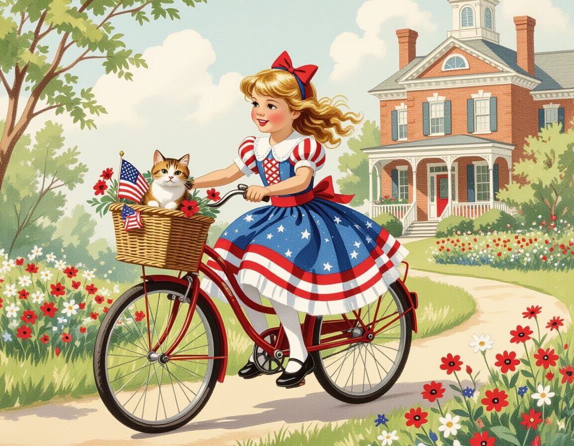 Victorian Girl on Bicycle with Cat, Storybook Illustration