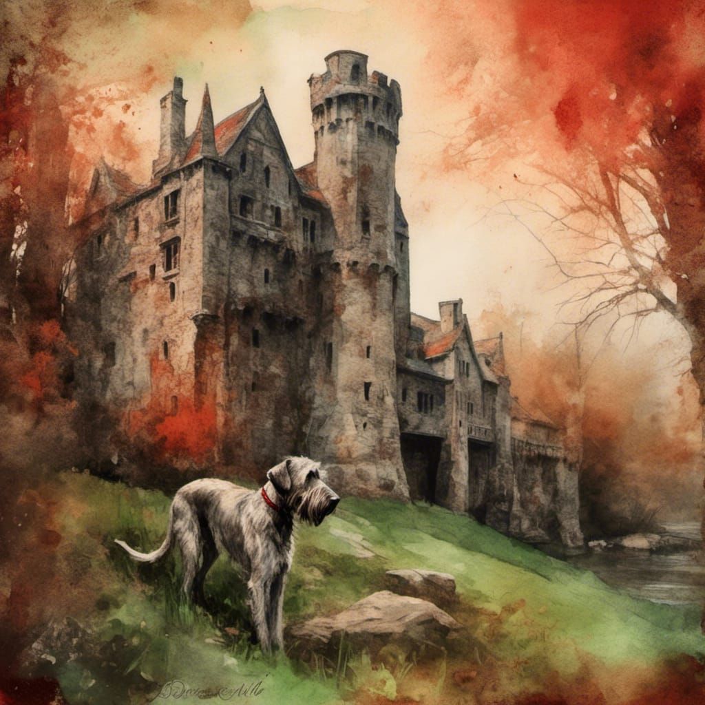 Irish Wolfhound in Medieval Castle: Watercolor Art
