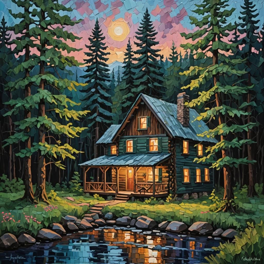 Cozy Cabin in Woods: Impasto Twilight Painting