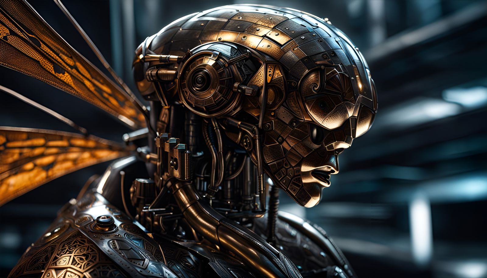 Cyborg Dragonfly in Hyperrealistic Biomechanical Style