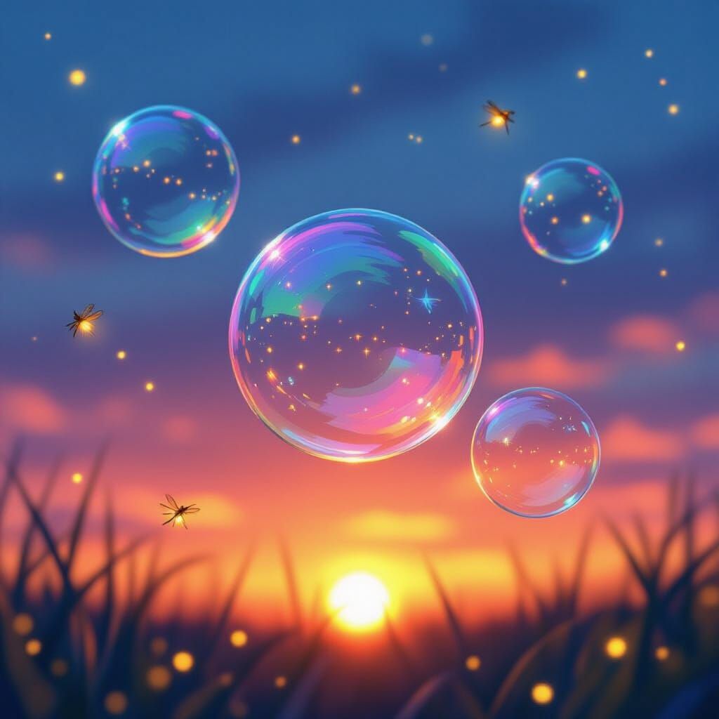 Neon Soap Bubbles in Sunset Sky, Digital Art