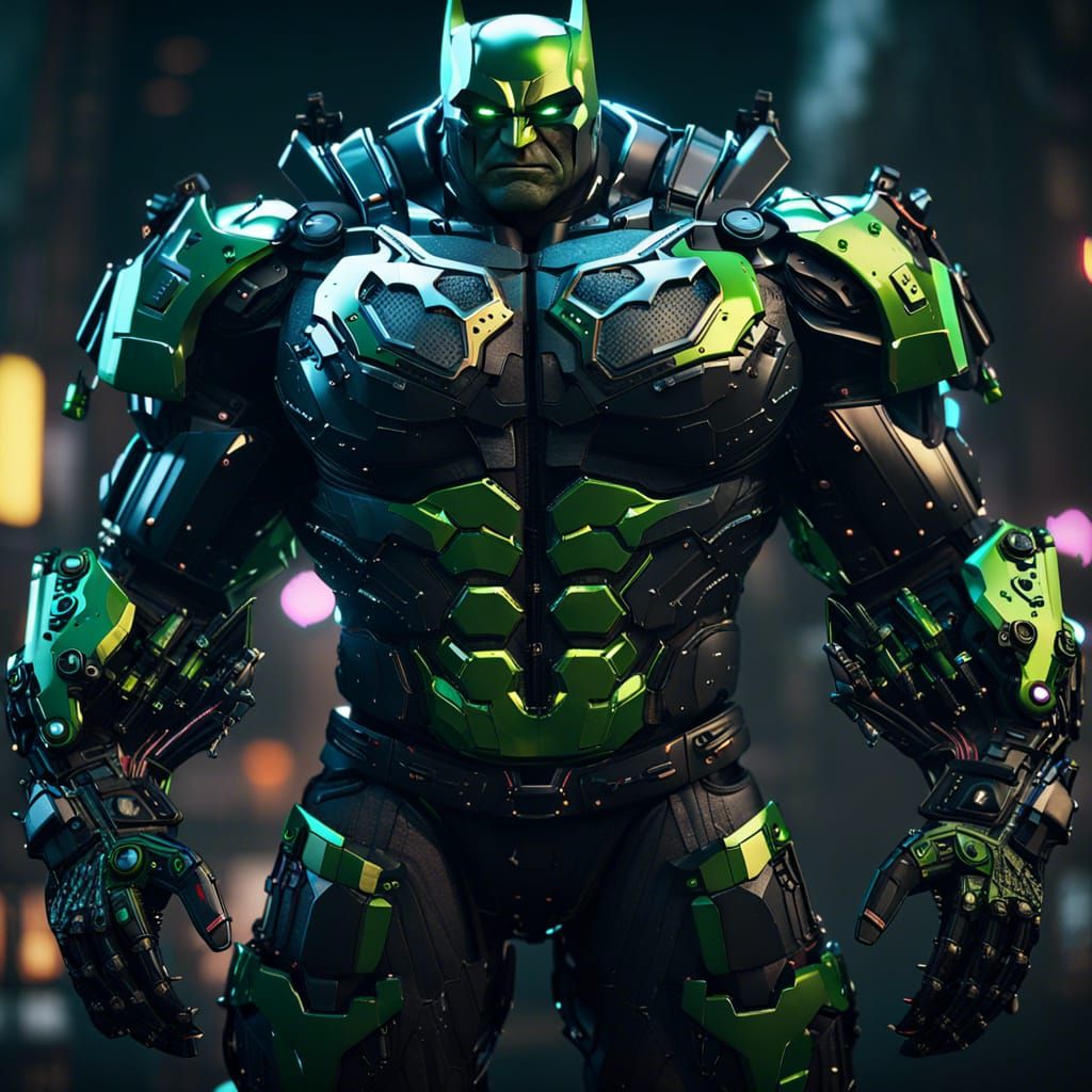 The Incredible Hulk as Batman in cyberpunk outfit
