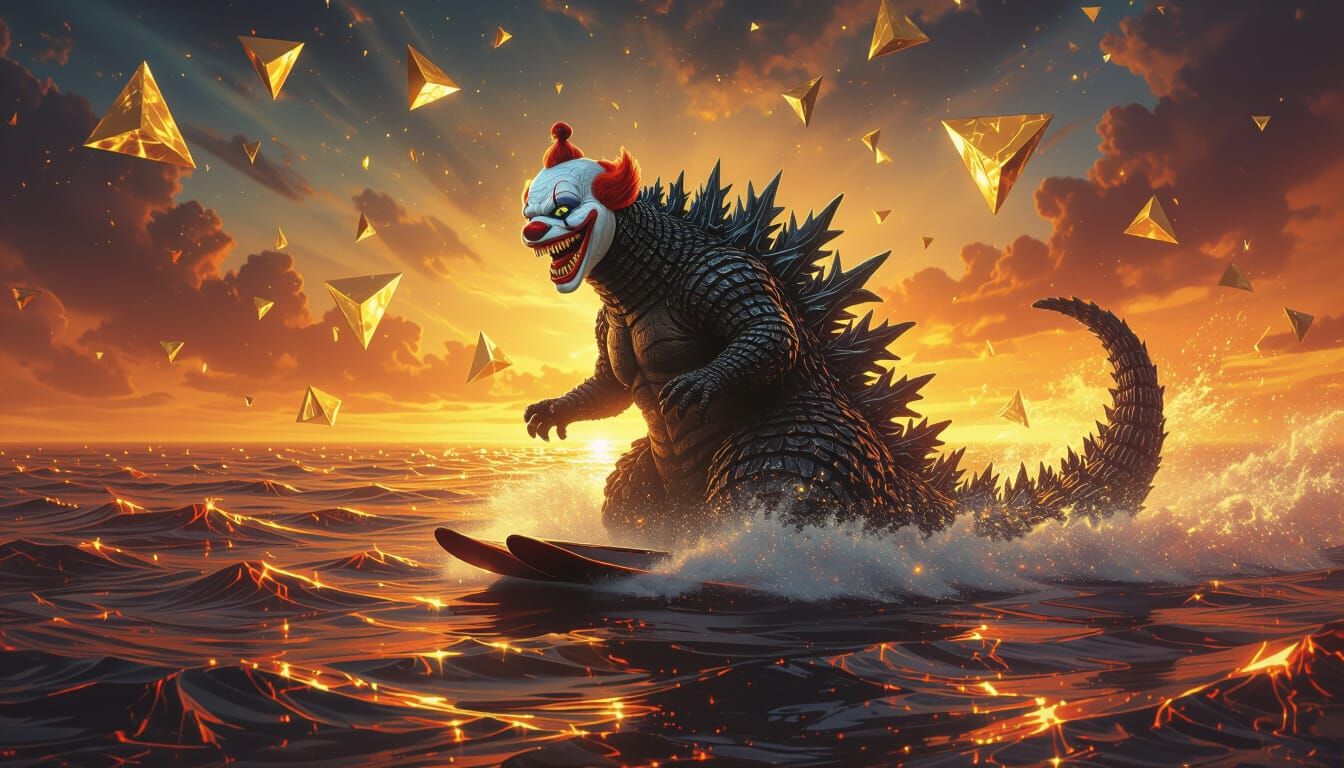Godzilla Clown Waterskis on Molten Metal Sea