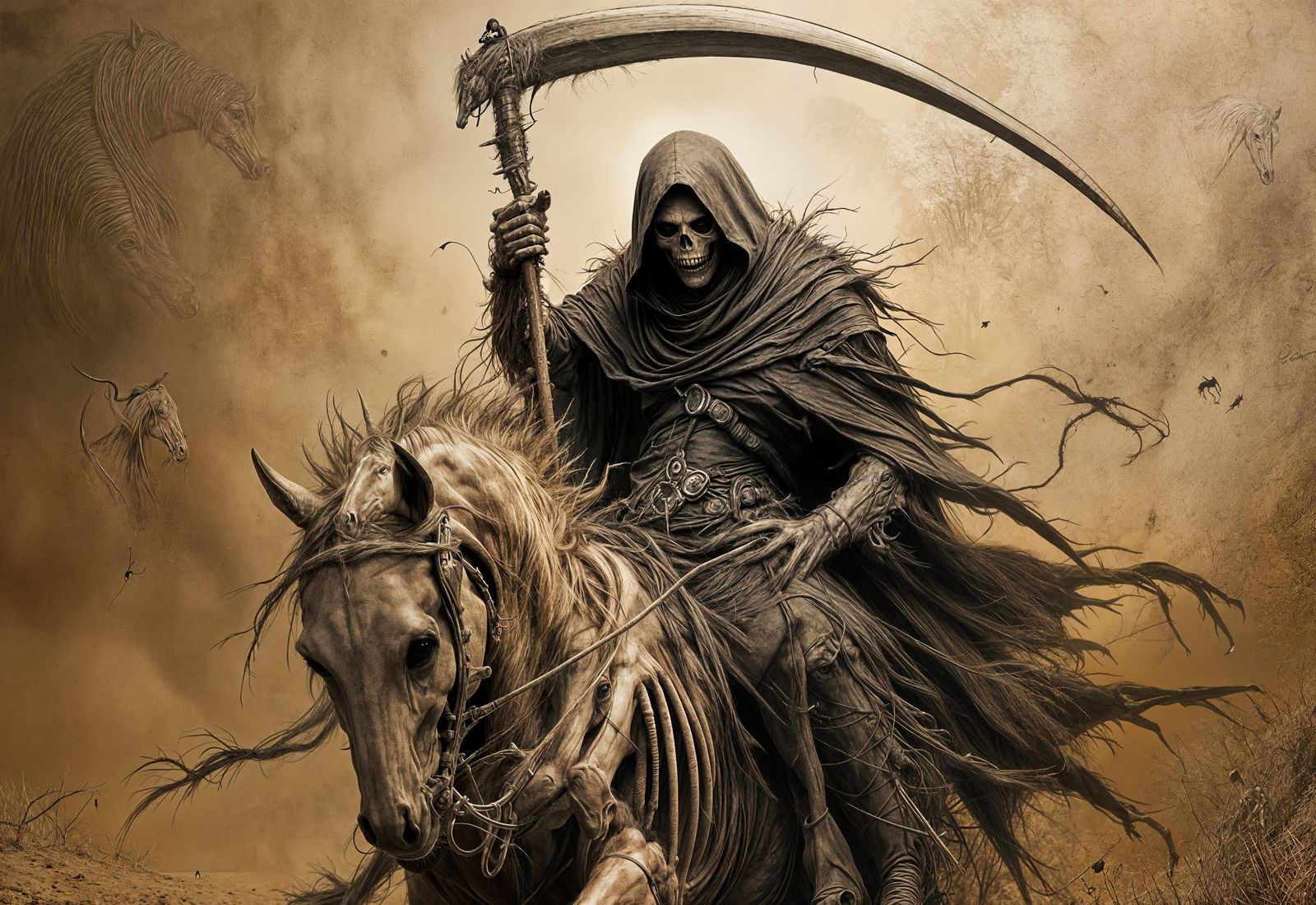 Sepia Portrait of the Grim Reaper on Horse