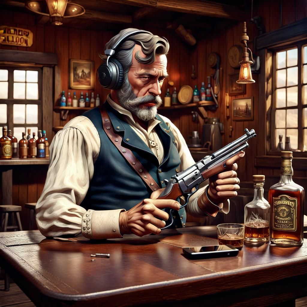 Old Time Sheriff Cleans Gun in Saloon