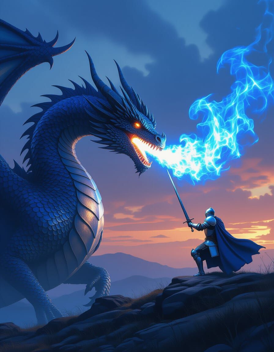 Hyper Realistic Blue Dragon Battles Knight on Windswept Hill