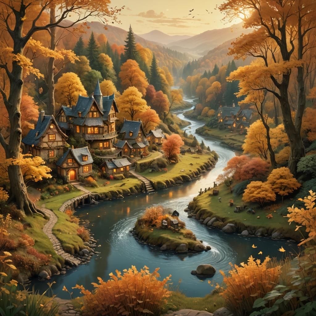 Idyllic Fairy Village in Autumn Woods