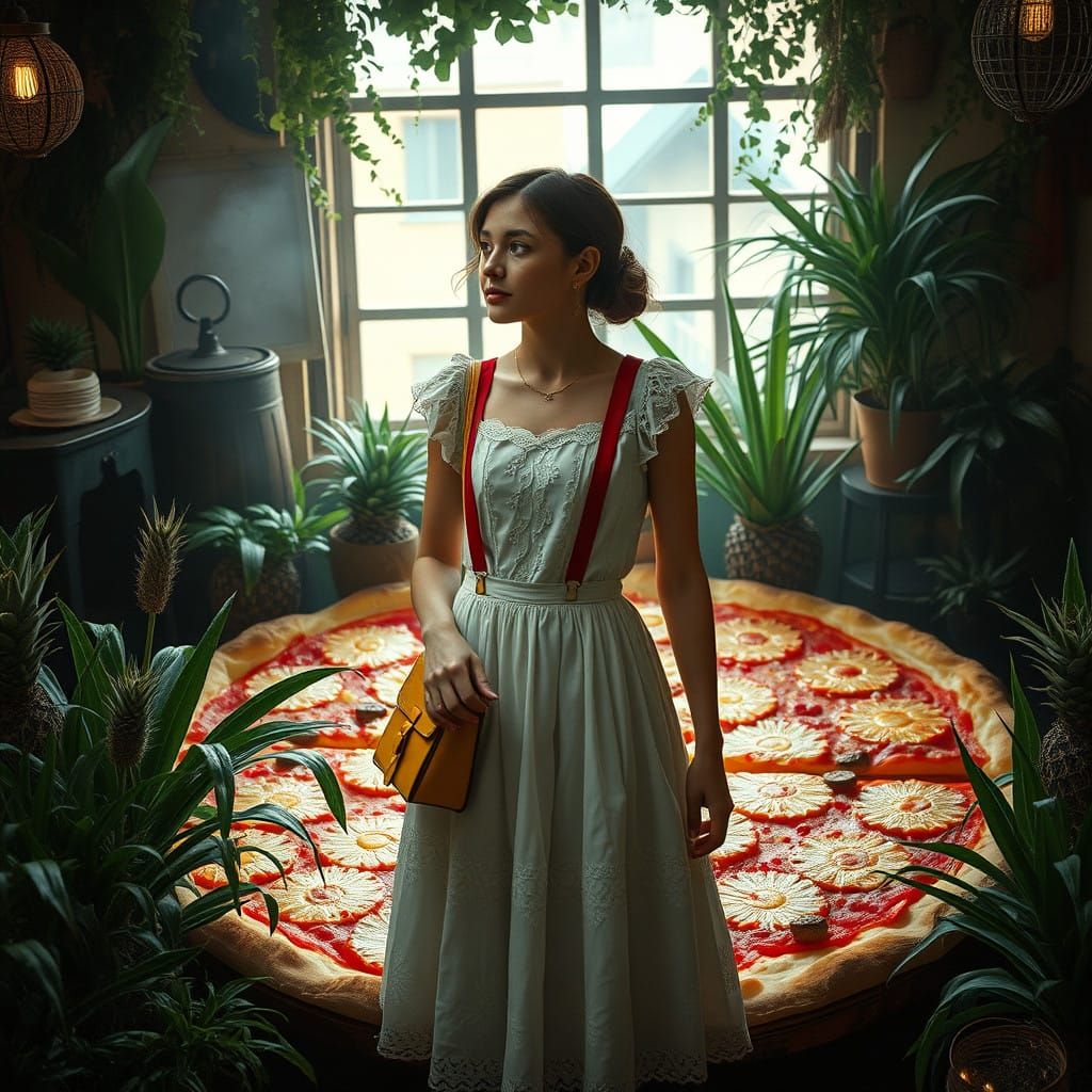 Vintage Beauty Contemplates Exotic Pizza