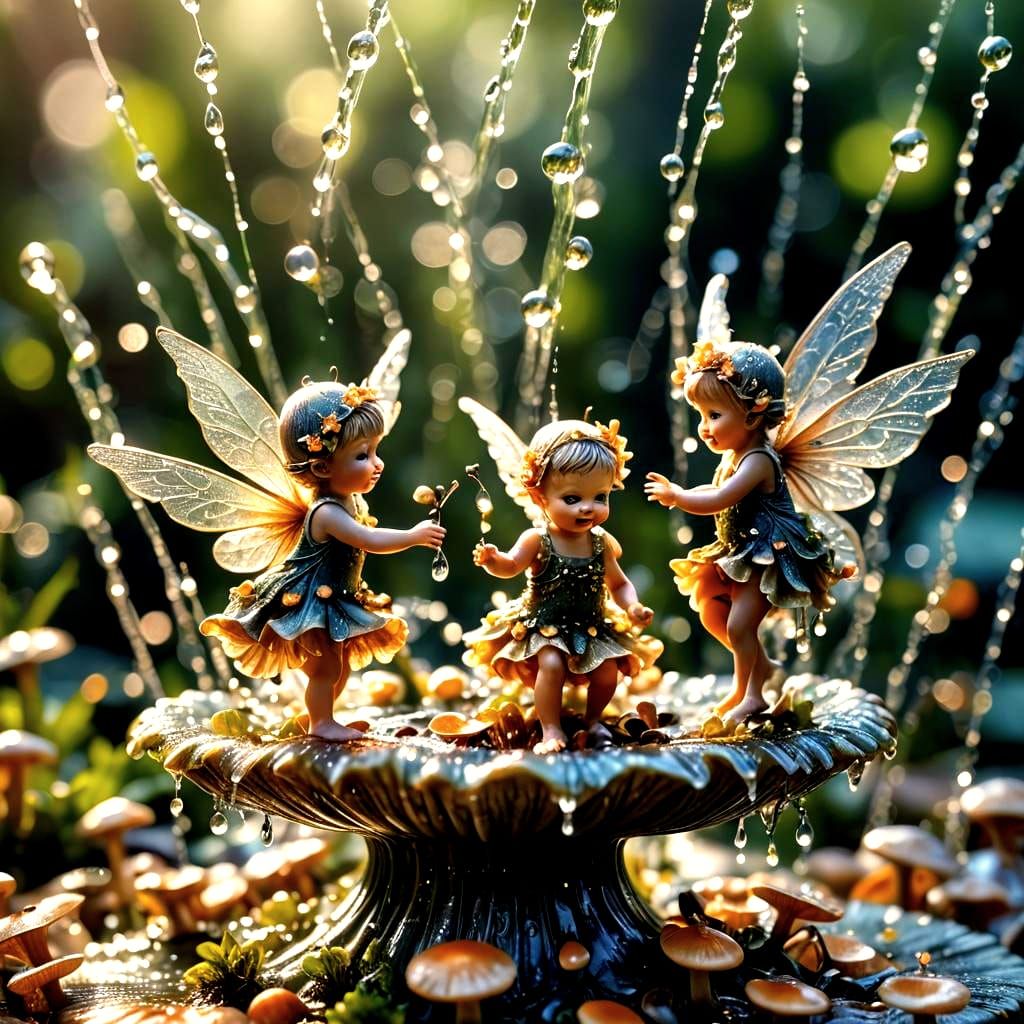 Macro Photo of Baby Fairies Dancing on Mushroom