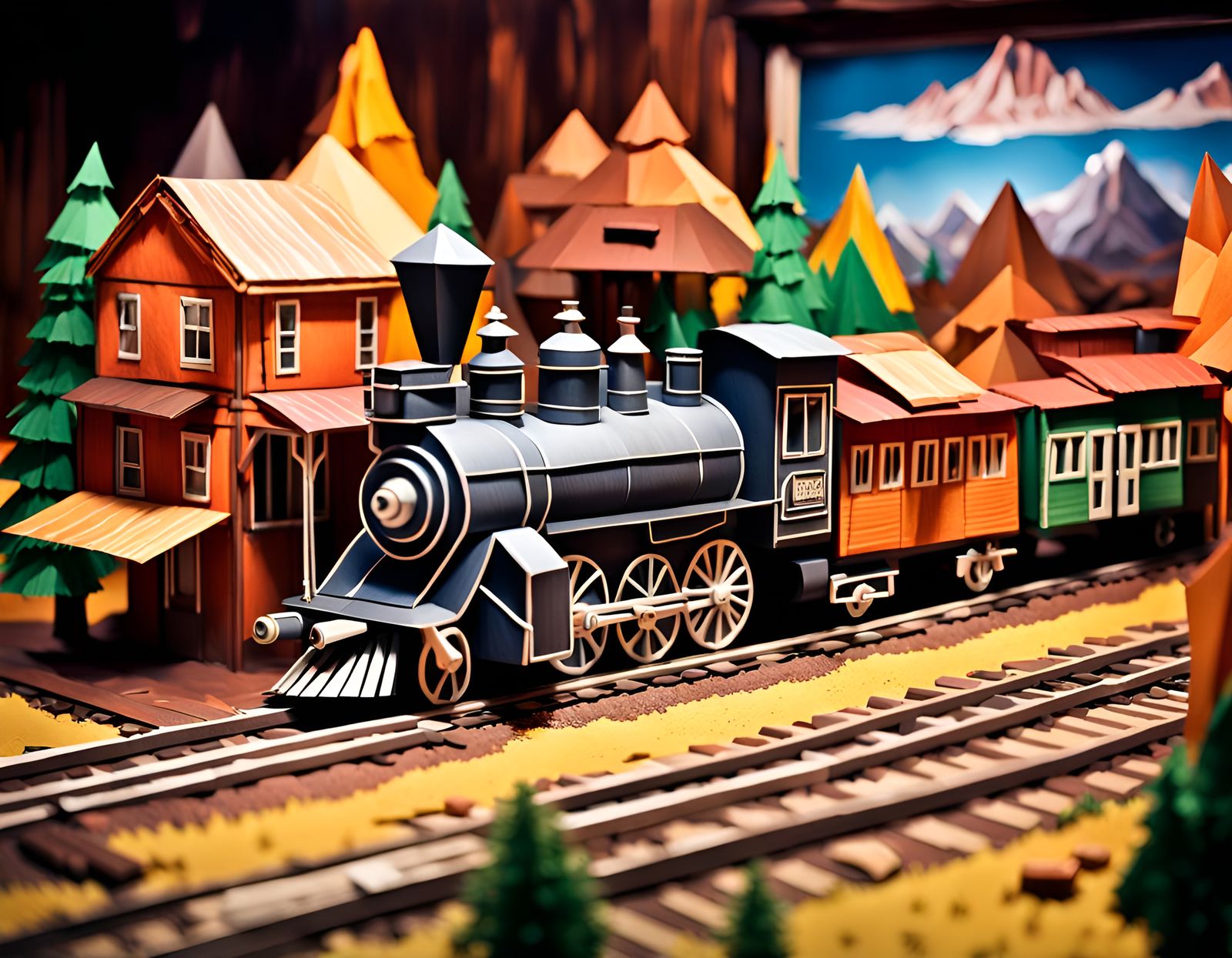 Papercraft Far-West Village Diorama with Train