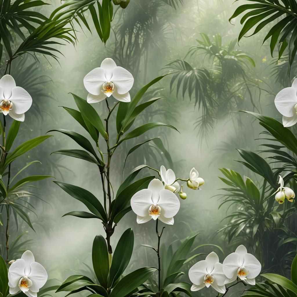 A single perfect white orchid in a green tropical setting. detailed elegant light dust mysterious