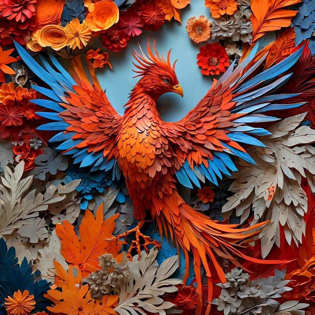 Fiery Phoenix Arises from Paper Collage