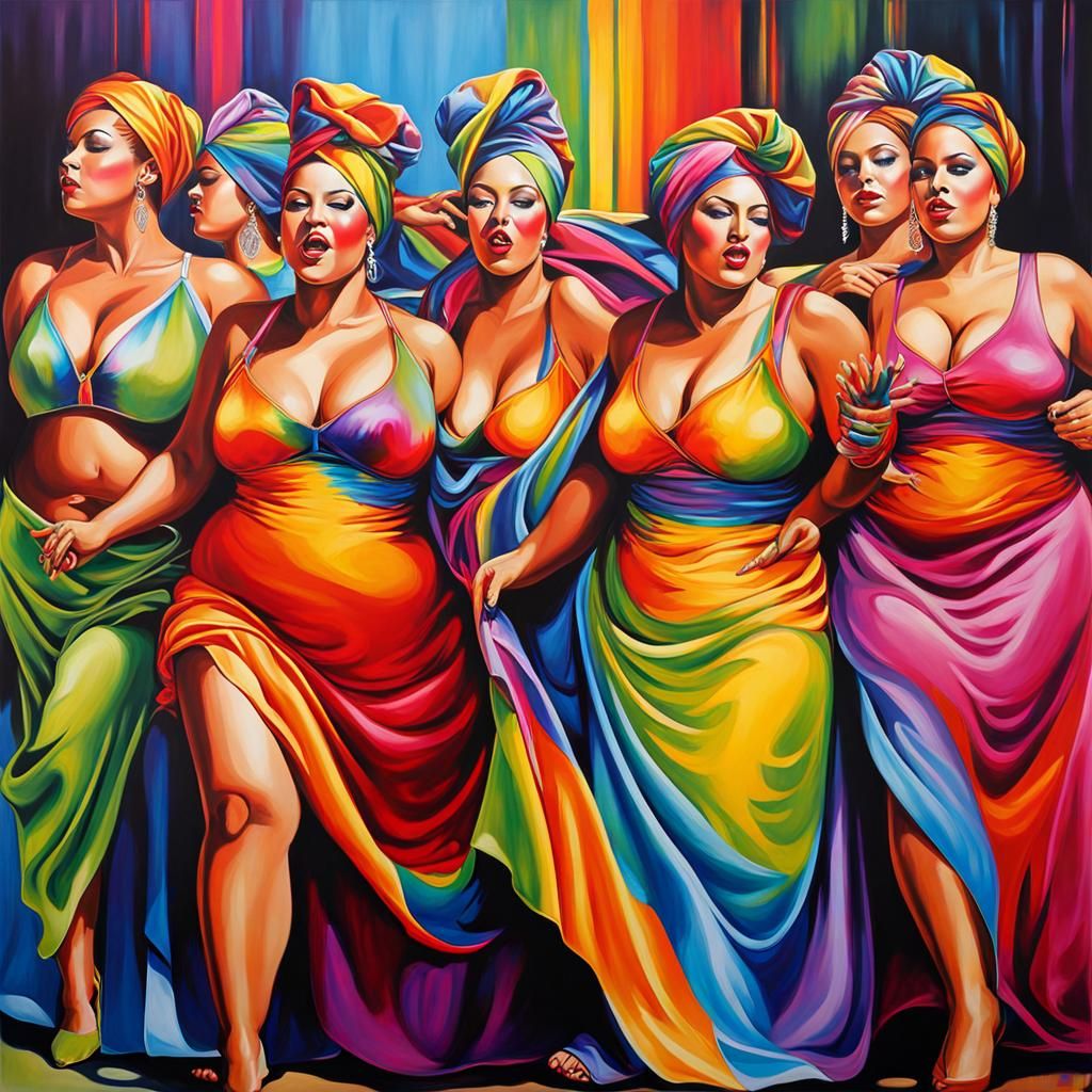 Rainbow Satin Women in Abstract Oil Painting Style