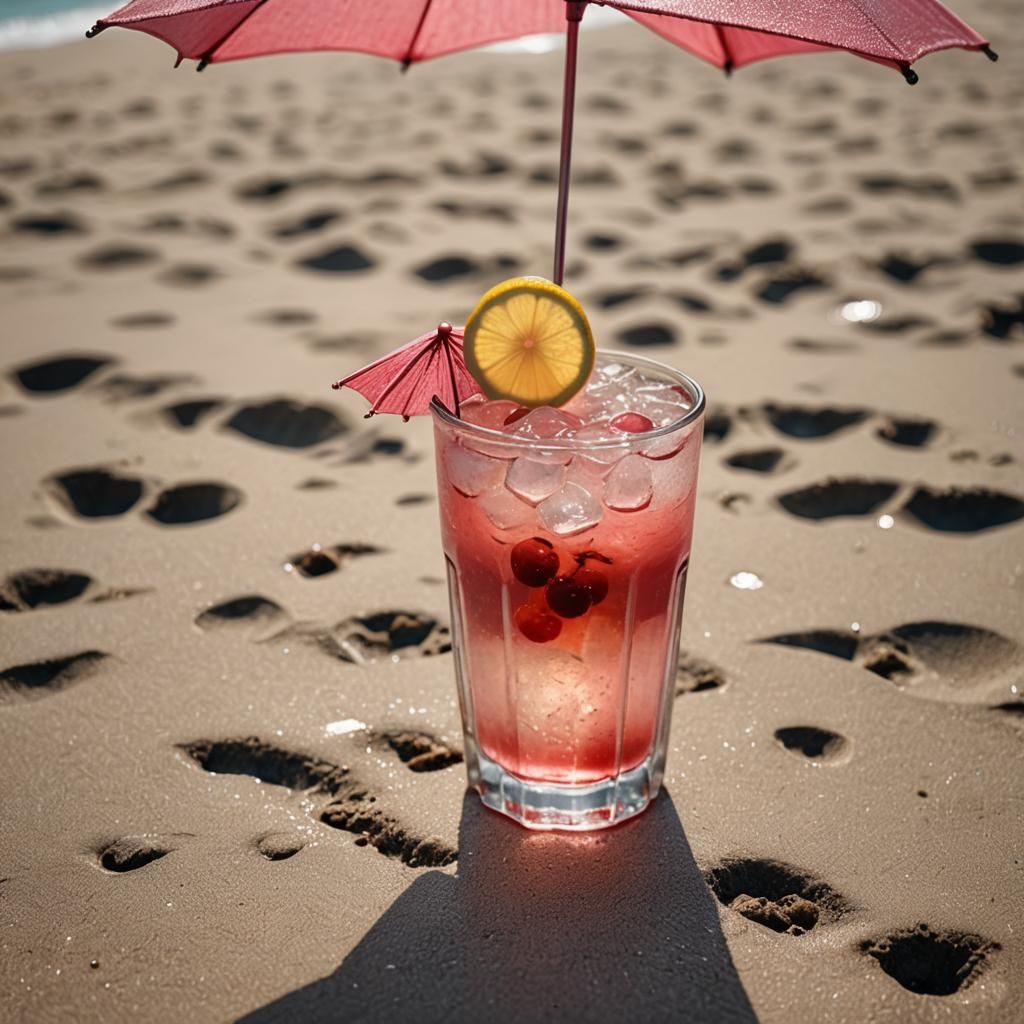 Drinking  Cherry lemonade under an umbrella on the beach