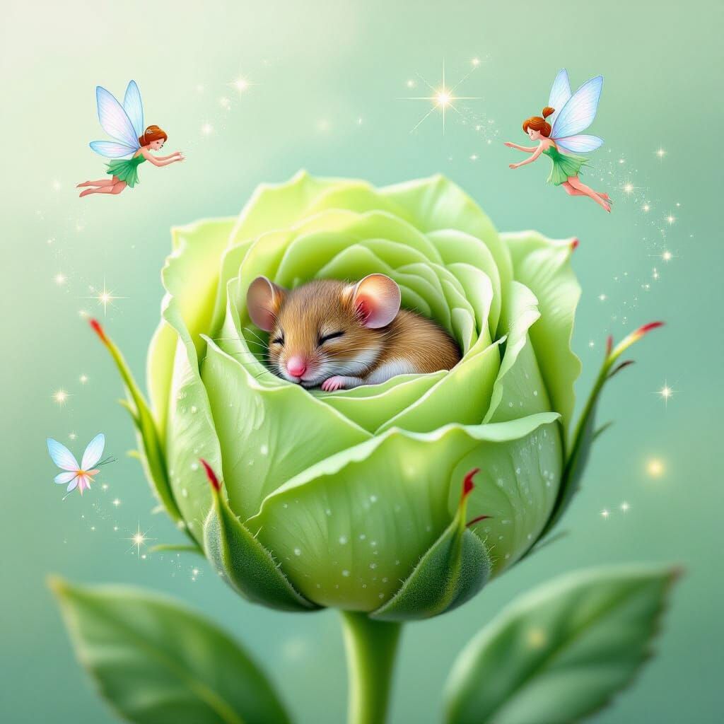 Sleeping Mouse in Rose Bud with Fairies