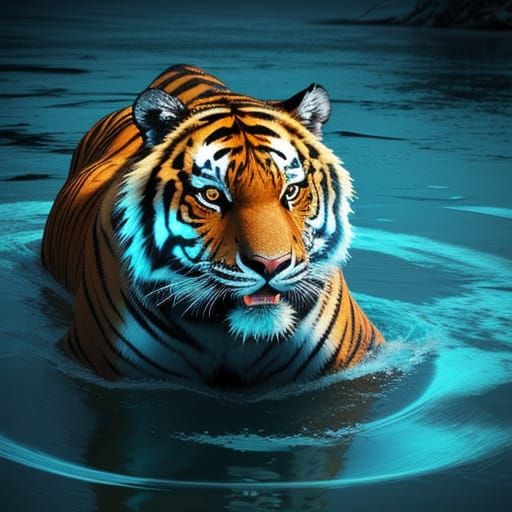 Tiger in Water: Fractured Digital Art with Neon Highlights