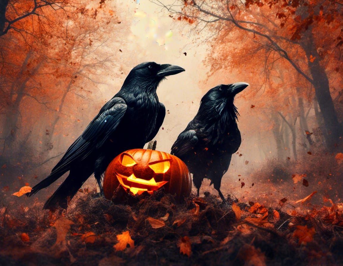 Glowing Jack-o-Lantern with Raven in Autumn