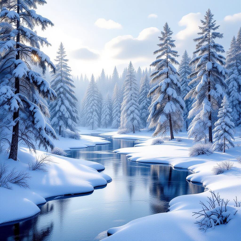 Serene Winter Forest Landscape with Frozen River