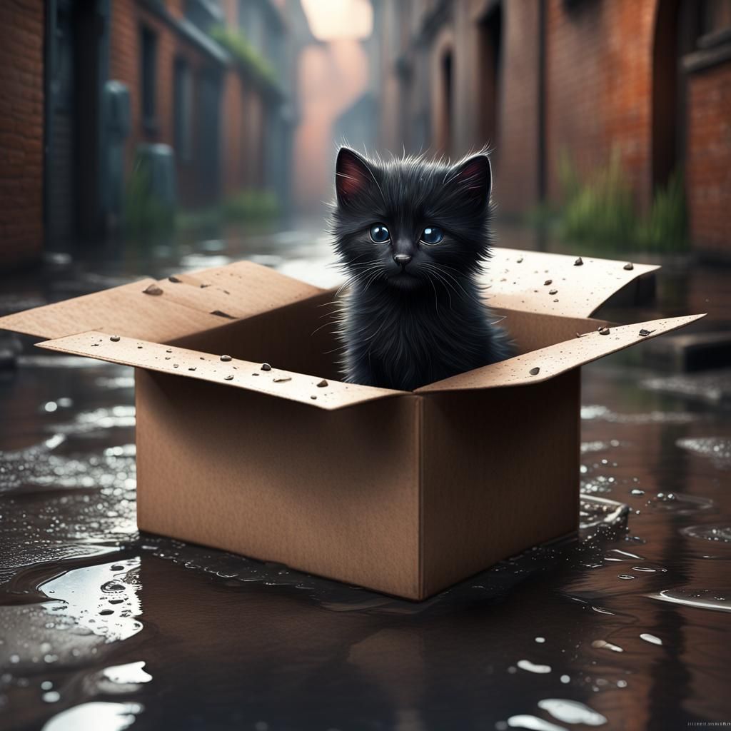 Sad Kitten in Rainy Alleyway: Watercolour Painting