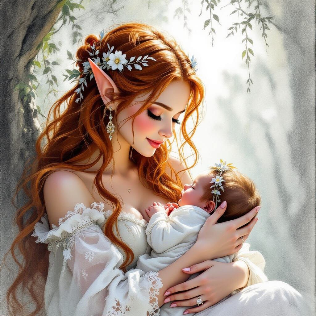 Flower Elf Gazes at Newborn in Dreamlike Scene