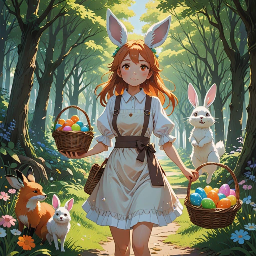 Anime Easter Bunny Fox Girl in Whimsical Forest Scene