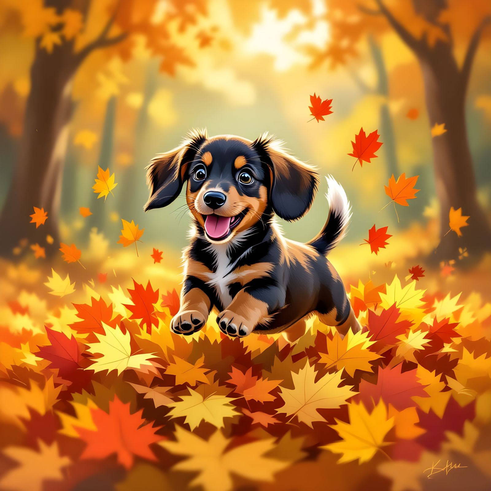 Cute Dachshund Puppy Leaping in Autumn Leaves
