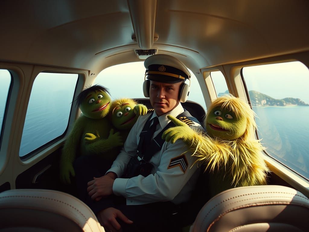 Pilot and Monsters in Cessna Over Ocean