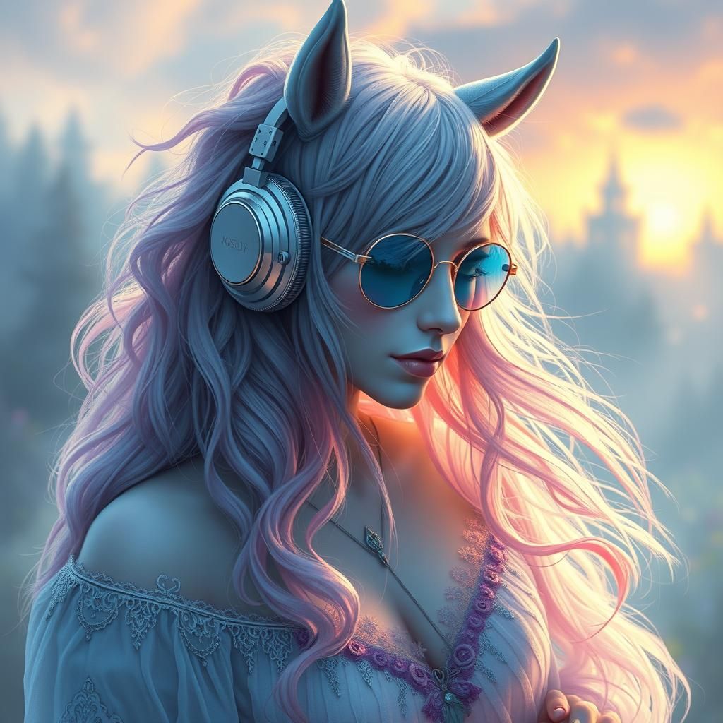 Woman with Braids, Headphones, Ethereal Fantasy Style