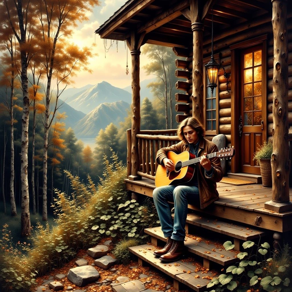 Vintage Musician on Ridgetop Log Cabin Porch