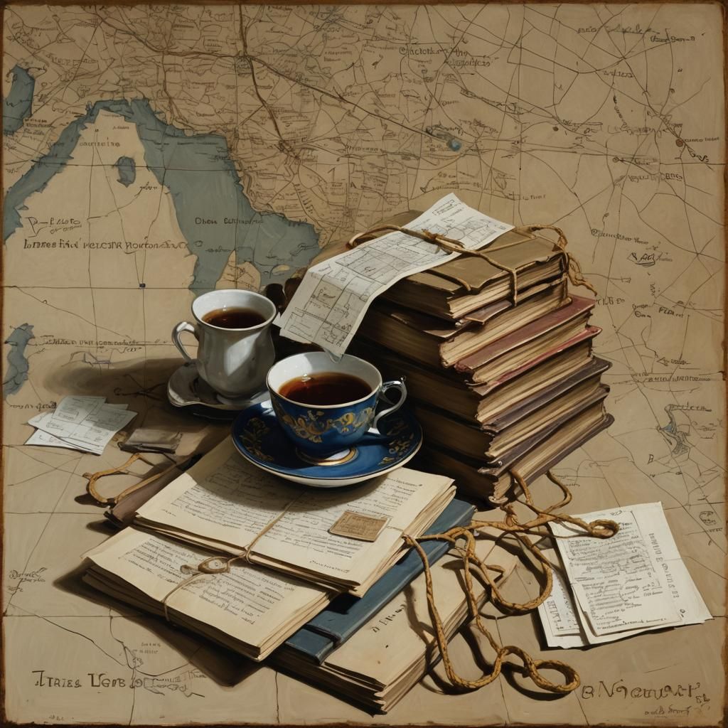 Still Life with Books and Map in Vermeer Style