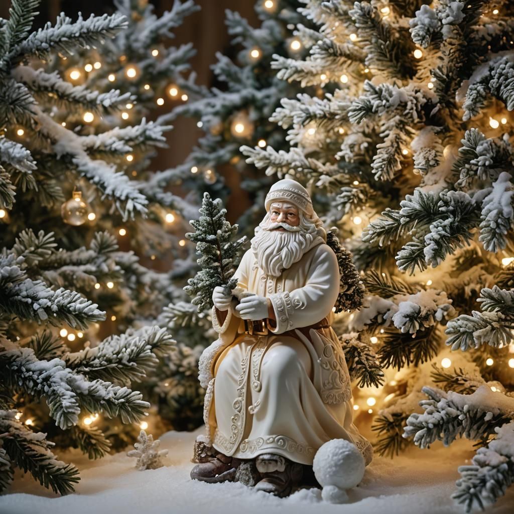 Frosted Winter Scene with Ivory Santa Figurine