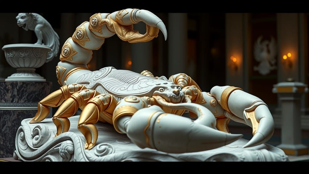 Majestic Gold Granite Scorpion Statue in HDR