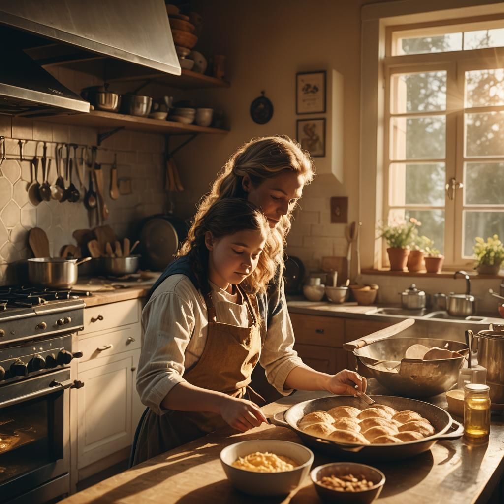 Cozy Kitchen: Woman Baking in Golden Sunlight