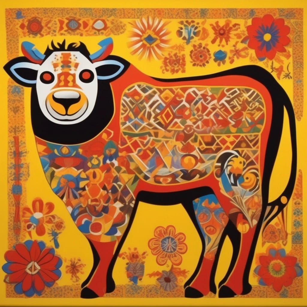 Cow in Flower Field with Shipibo Patterns