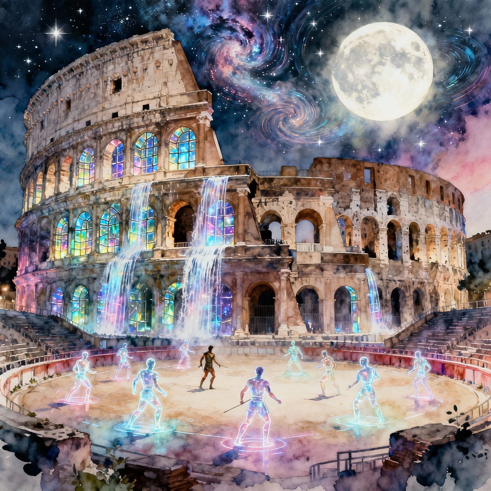 Futuristic Colosseum with Digital Waterfalls and Holographic...