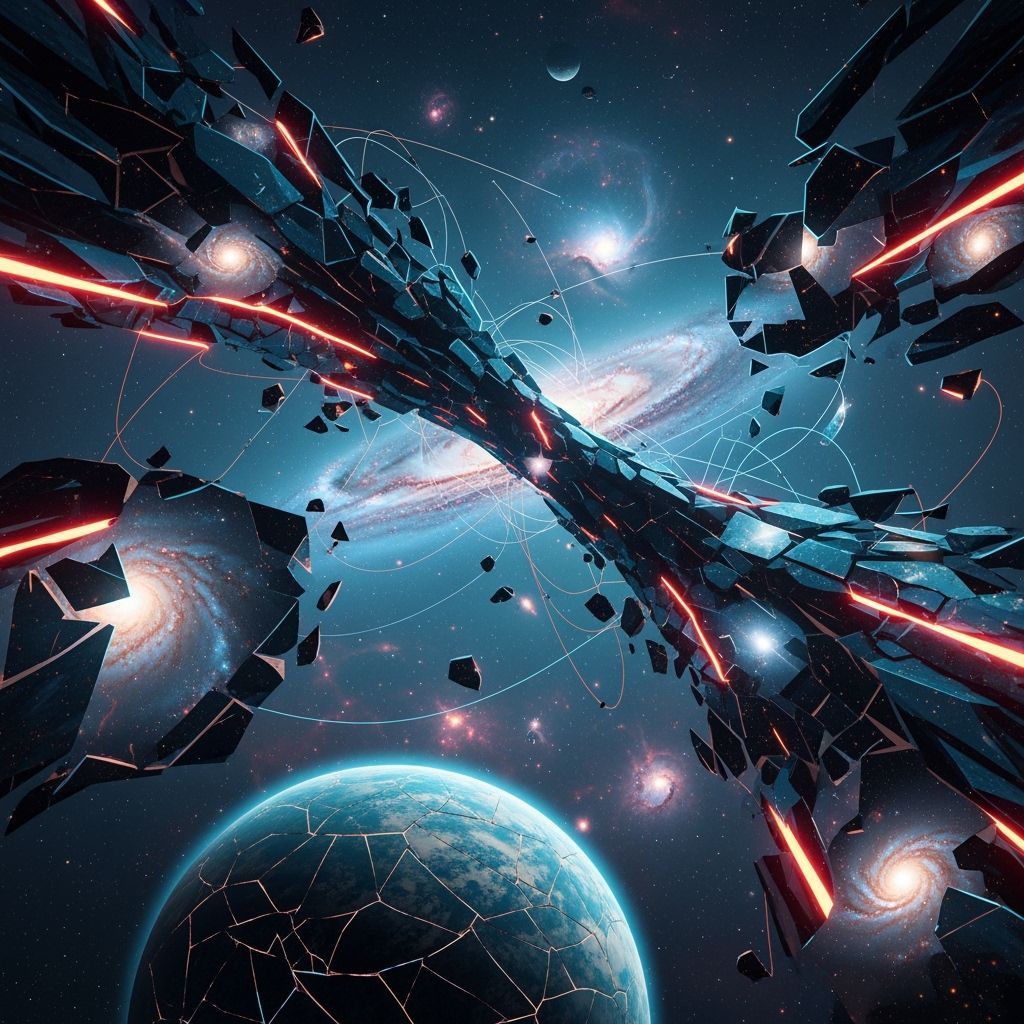 A galaxy broken into jagged twisting mirror kaleidoscope sections