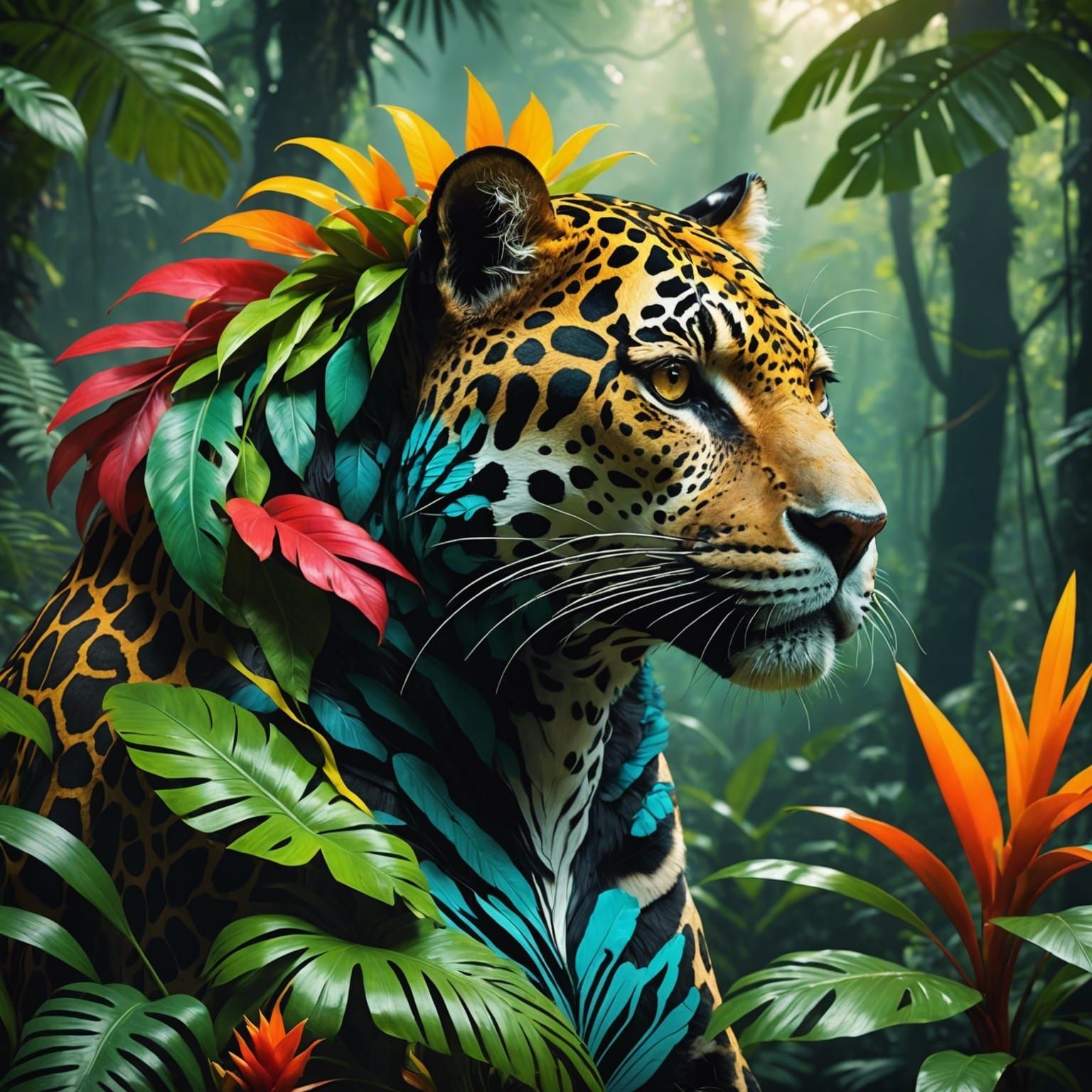 Jaguar Rainforest: Surreal Double Exposure Concept Art