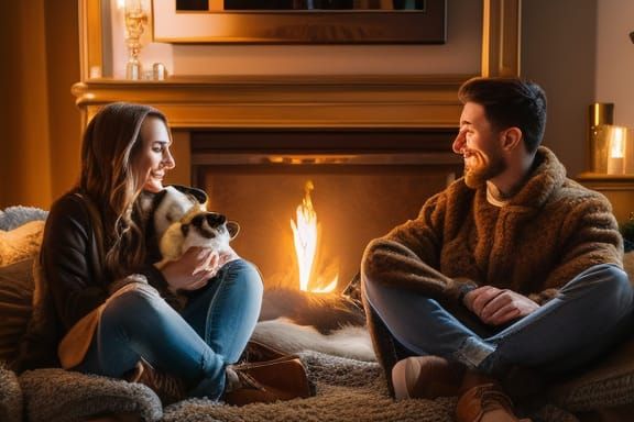 Cozy Couple by Fire: Digital Art Illustration