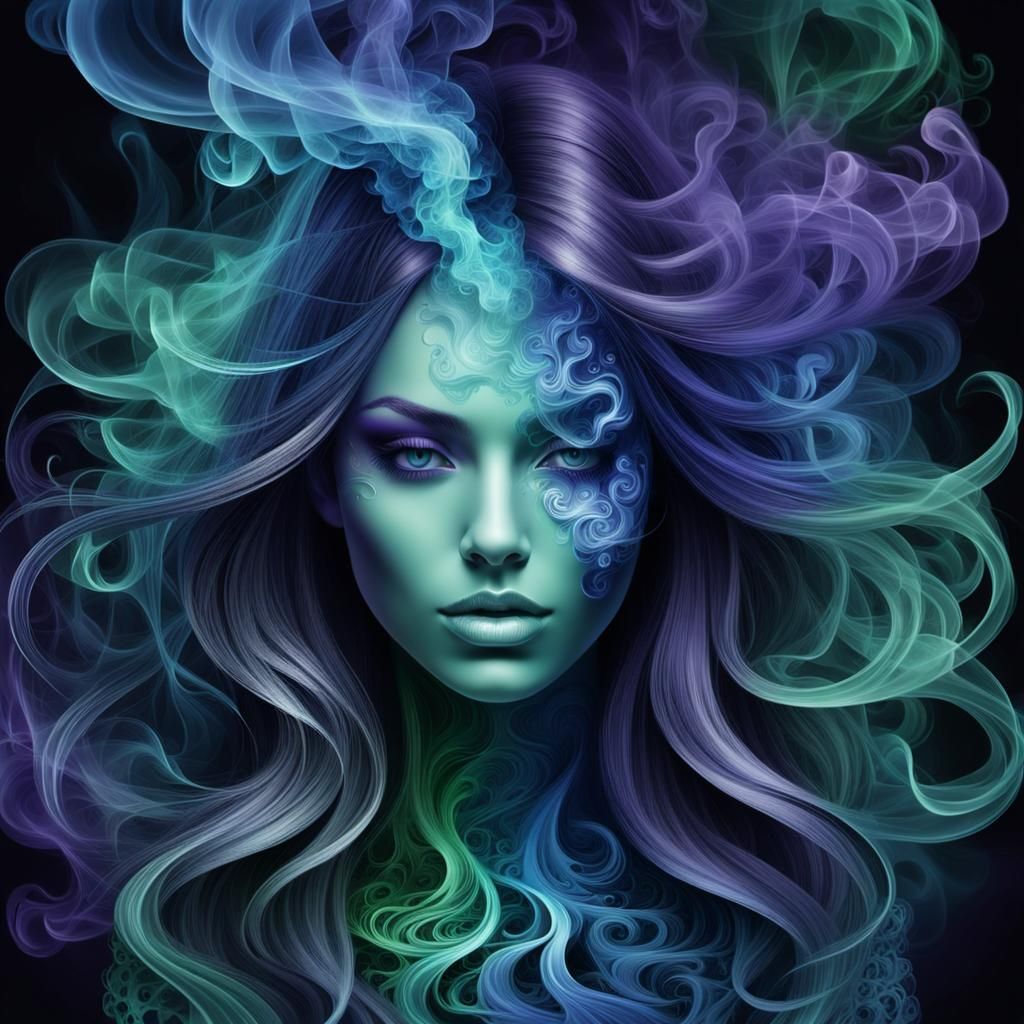 Smokey Girl Portrait in Blue, Green, and Purple