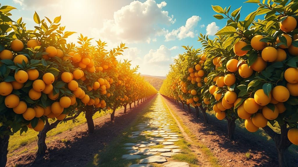Sunlit Lemon Orchard in Digital Painting Style
