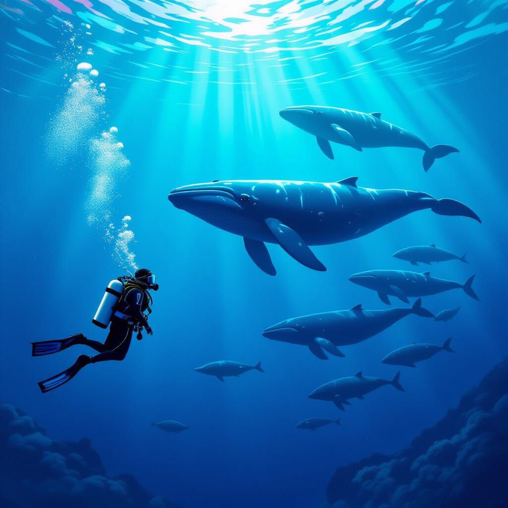 Scuba Diver with Whales in Ethereal Digital Art