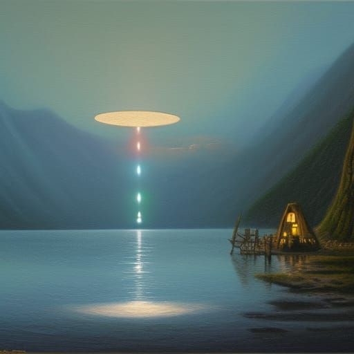 UFO Lights Over Excalibur Lady of the Lake Painting