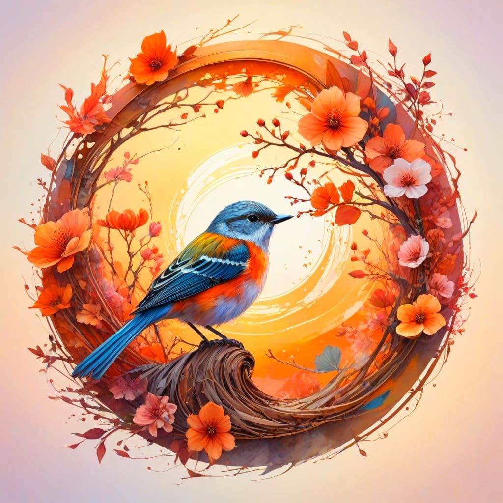 Spring Sunset Double Exposure with Bird and Blossoms