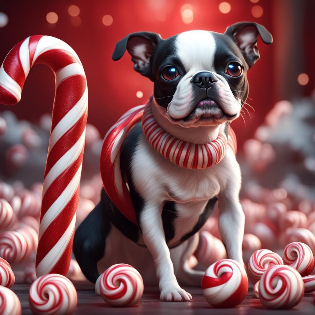 Candy Cane Boston Terrier Fantasy Art