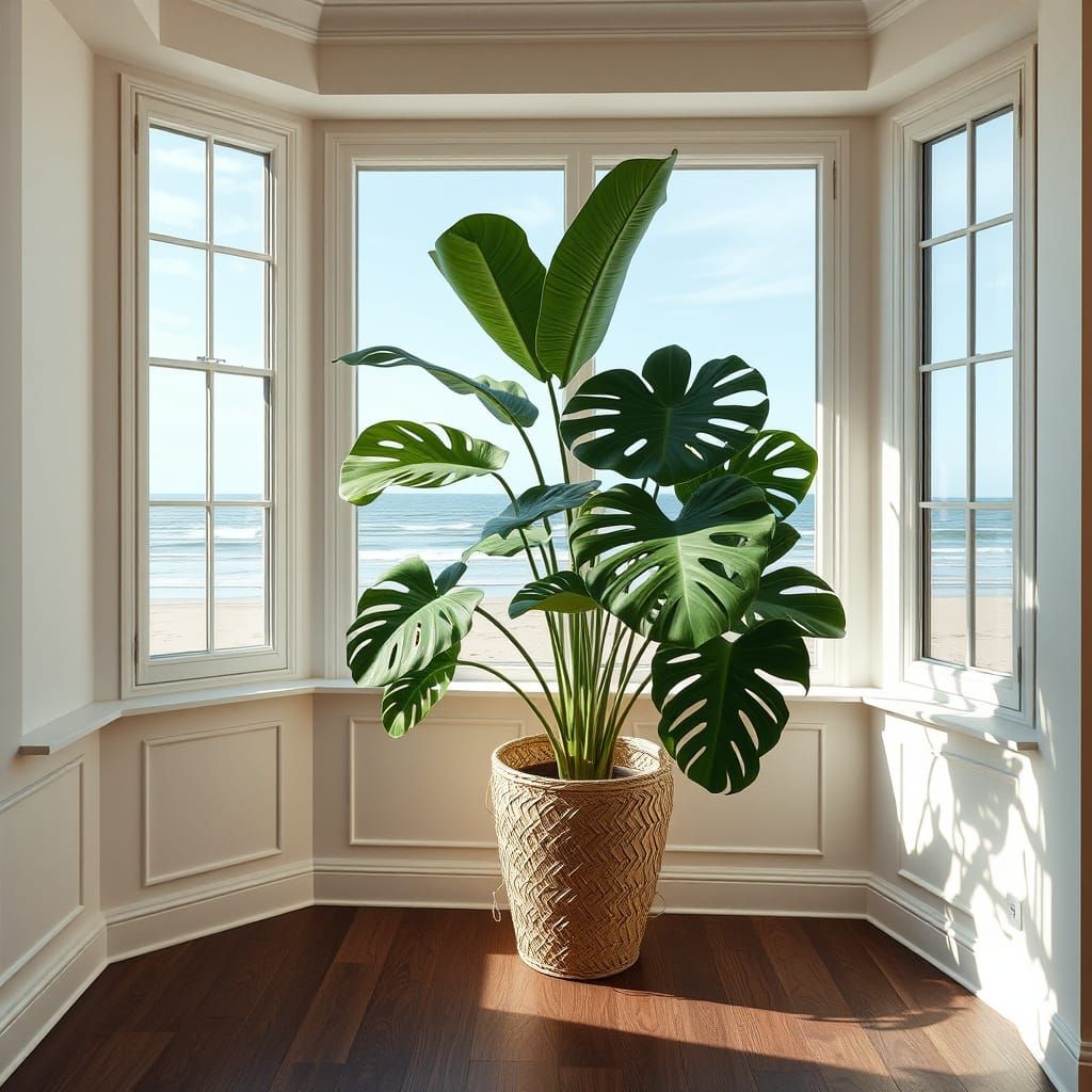 Monstera Plant by Beach Window in Pastel Modern Room