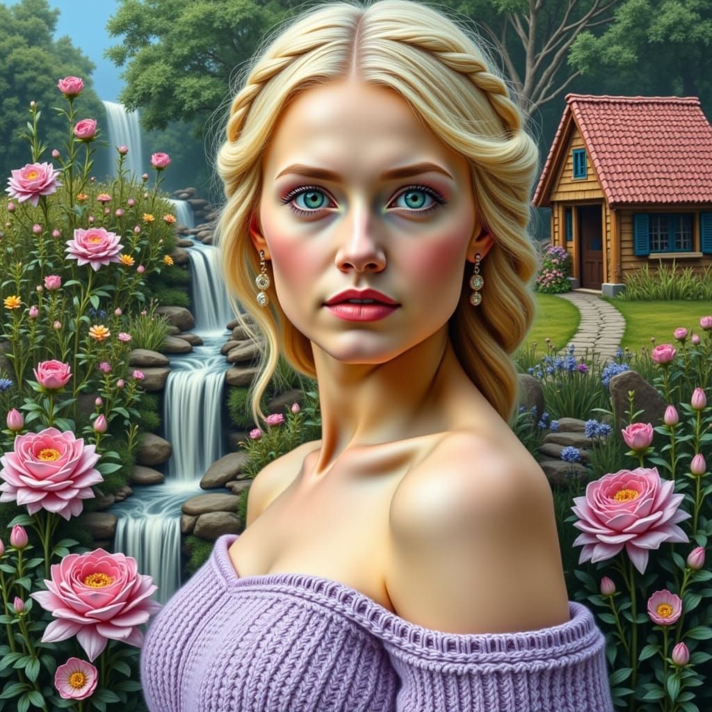 Textile Portrait of Woman in Lavender Dress with Stitched Co...