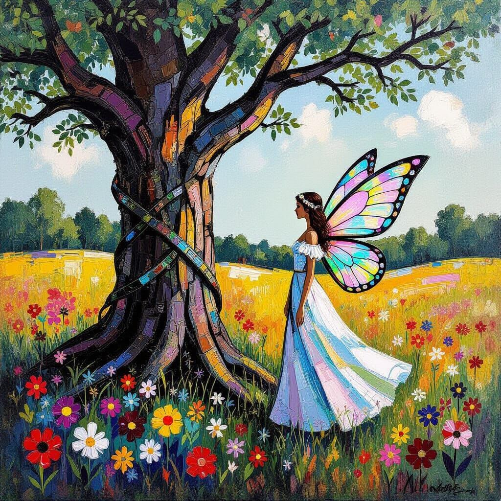 Fairy in Meadow Impasto Oil Painting